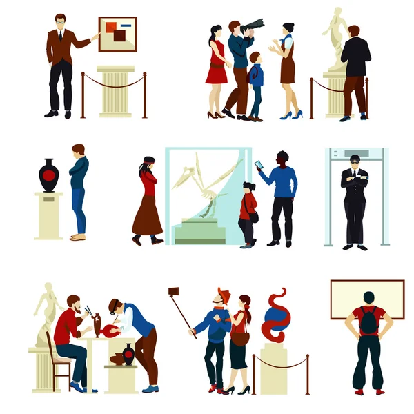 Mensen In Museum Gallery gekleurde pictogrammen — Stockvector