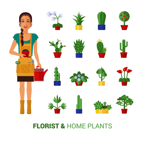 Fleuriste et Accueil Plantes Icônes plates — Image vectorielle