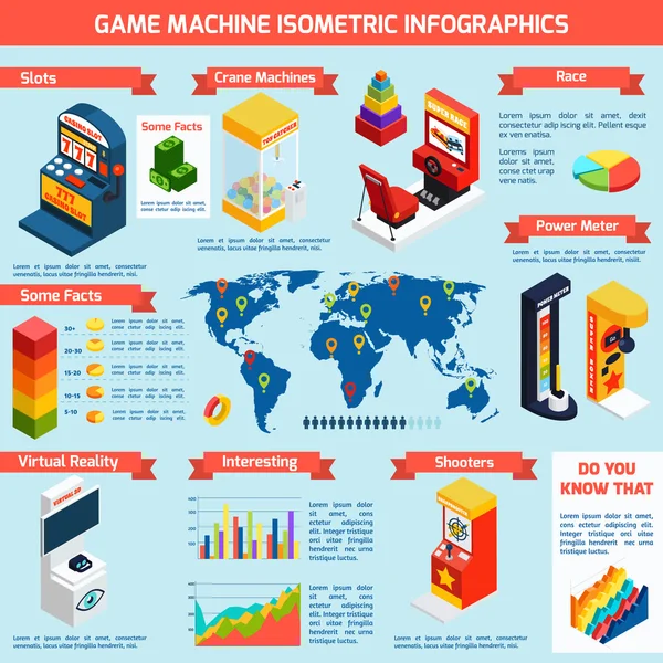 Machines d'amusement de jeu Bannière infographique isométrique — Image vectorielle