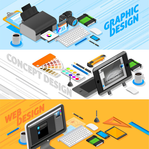  Graphic Design Isometric Banners Set 