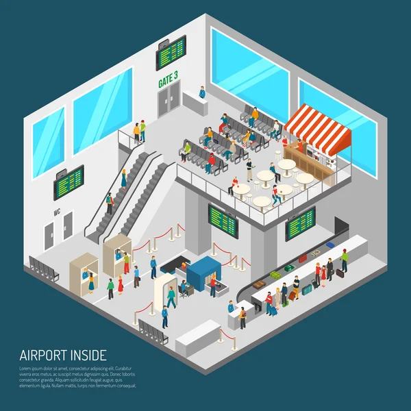 Cartaz Isométrico do Aeroporto Interior — Vetor de Stock