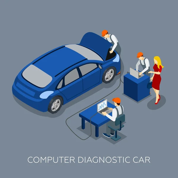 Banner isométrico diagnóstico de la computadora del servicio auto — Vector de stock