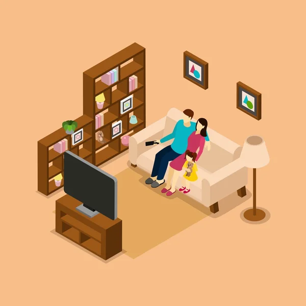 Família em casa assistindo TV Isométrico Banner —  Vetores de Stock
