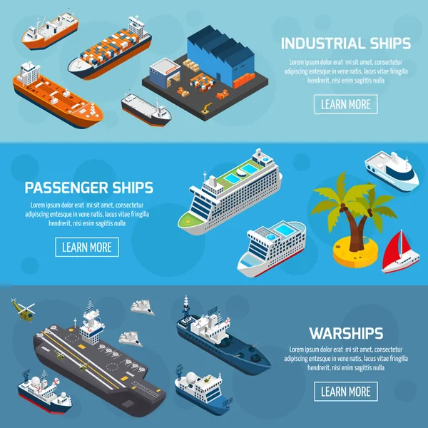 Ships Boats Vessels Isometric Banners Set — Stock Vector