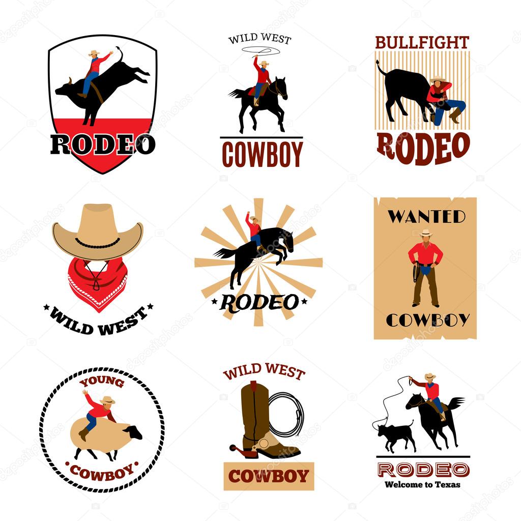 Cowboy rodeo games from mustang riding and bullfighting to lasso usage flat emblems set isolated vector illustration