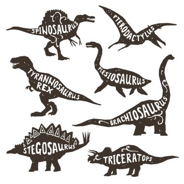 Dinozorlar siluetleri yazı ile 