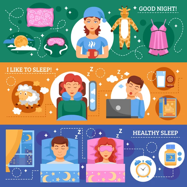 Healthy Sleep Concept Flat Banners Set — Stock Vector