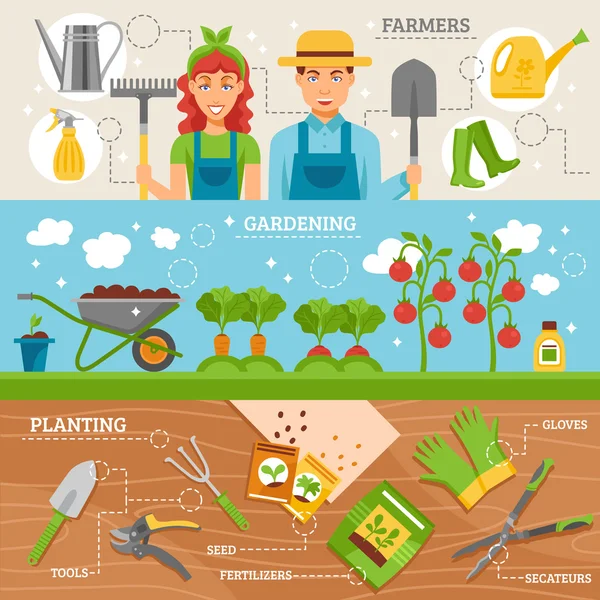 Agricoltori Giardinaggio 3 set di striscioni piatti — Vettoriale Stock