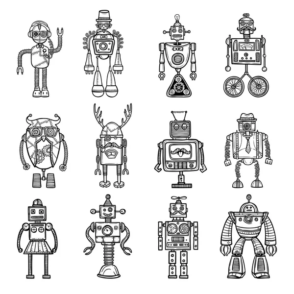 Robotów Doodle stile czarny zestaw ikon — Wektor stockowy