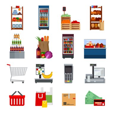 Süpermarket dekoratif düz Icons Set