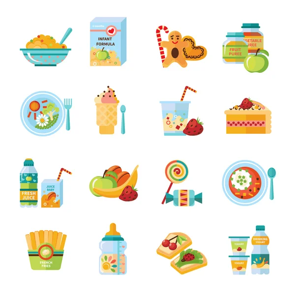 Dětská Baby potravin ploché ikony Set — Stockový vektor