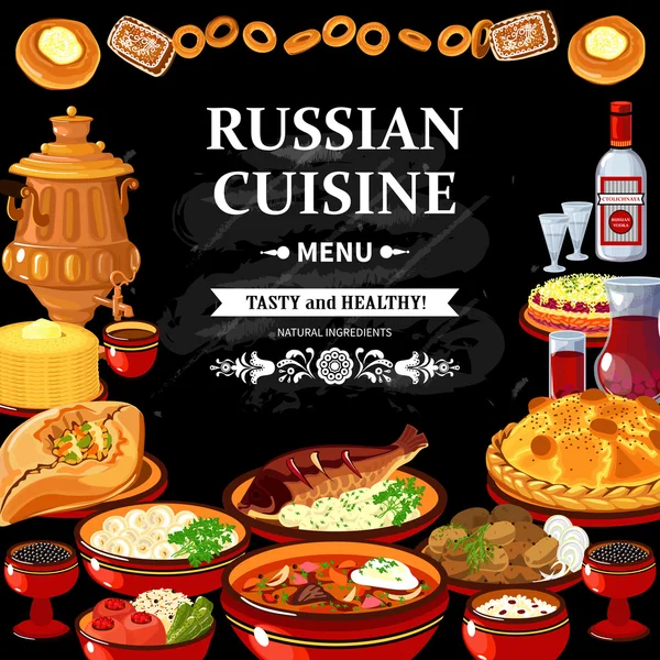 Russische keuken Menu zwarte bord Poster — Stockvector