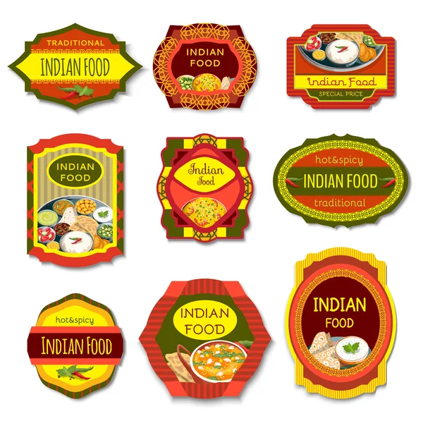 Emblemas coloridos de comida india — Vector de stock