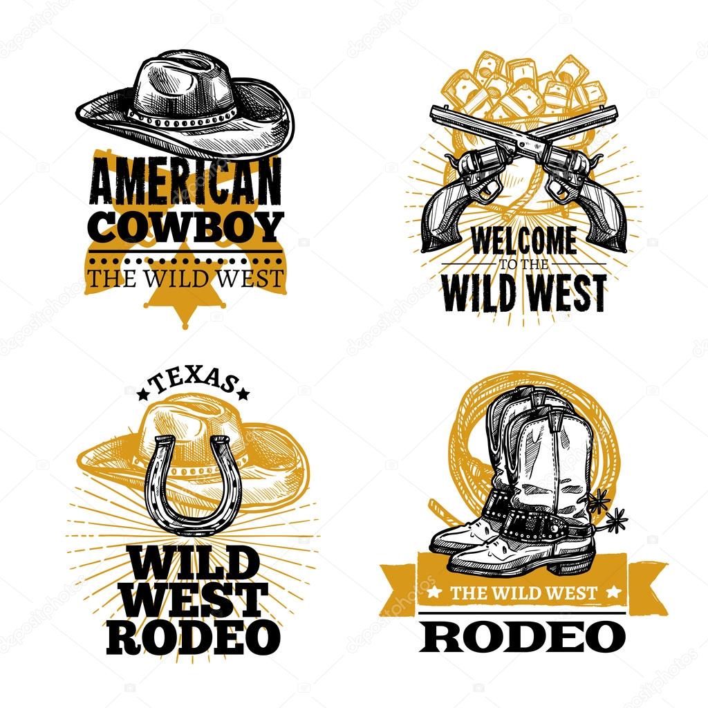 Set of cowboy colored isolated retro  emblems in wild west style  vector illustration