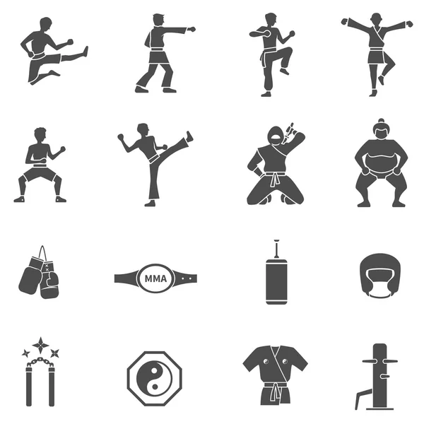 Conjunto de iconos blancos negros de artes marciales — Vector de stock