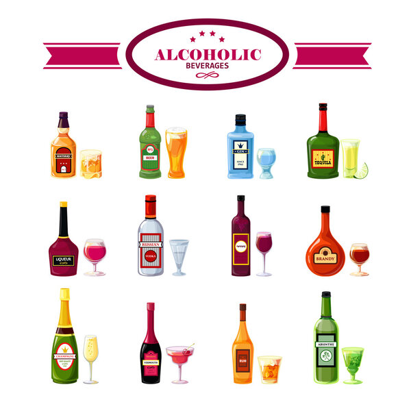 Alcoholic Beverages Drinks Flat Icons Set 