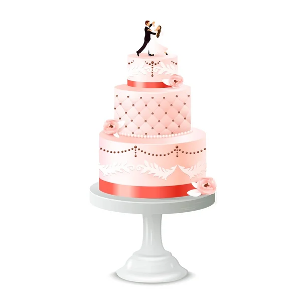 Pastel de boda con estatuilla de recién casados — Vector de stock