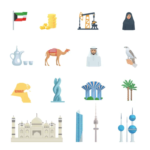 Kuwait Cultura Icono plano Set — Vector de stock