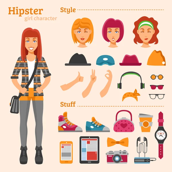 Hipster Mädchen Charakter dekorative Symbole gesetzt — Stockvektor