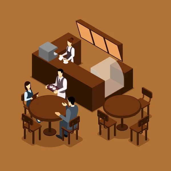 女服务员咖啡师人等距棕色海报 — 图库矢量图片
