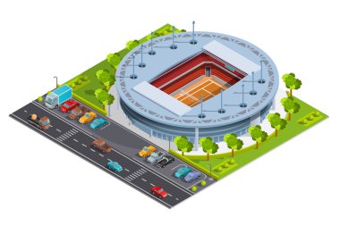 Açık kort stadyumu izometrik Banner ile tenis spor kompleksi