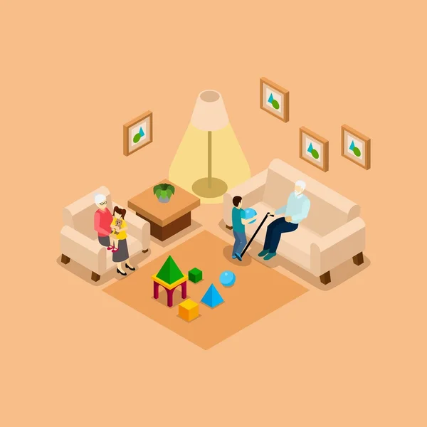 Grandparents With Children Home isometric Banner — Stock Vector