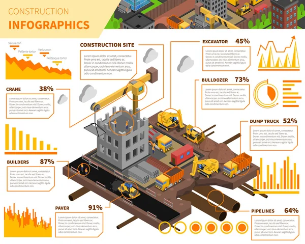 Stavba budovy Izometrická Infographics — Stockový vektor