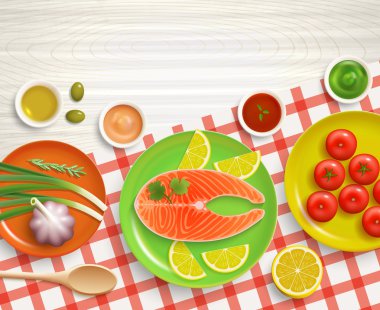 Masa örtüsü ahşap arka plan yemek düz yatıyordu  