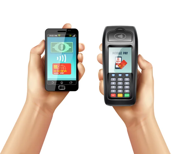 Händer med Smartphone och betalning Terminal — Stock vektor