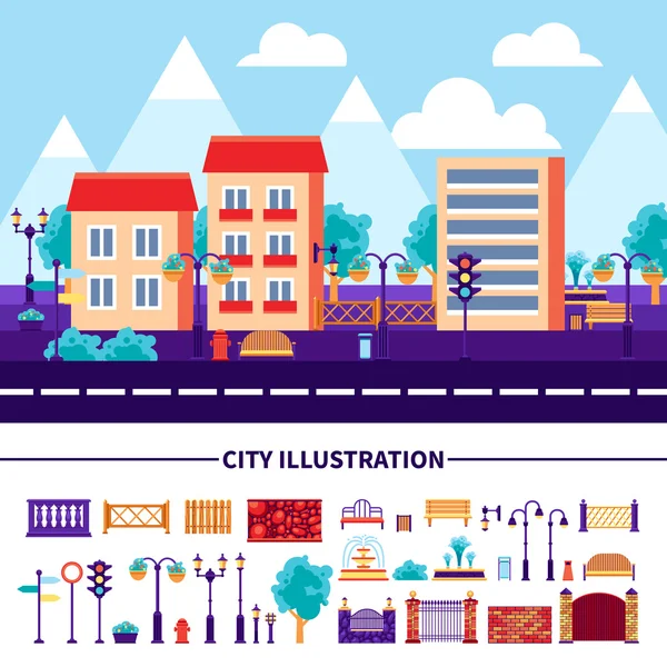 Conjunto de iconos de ilustración de ciudad — Vector de stock