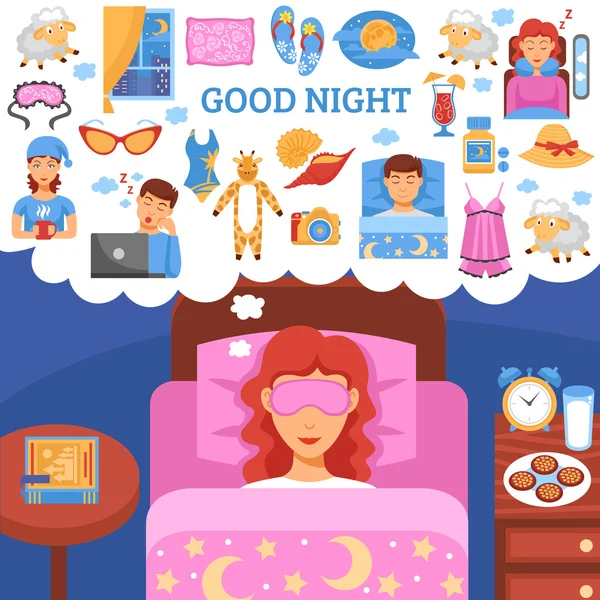 Gesunder Schlaf Tipps flaches Poster — Stockvektor