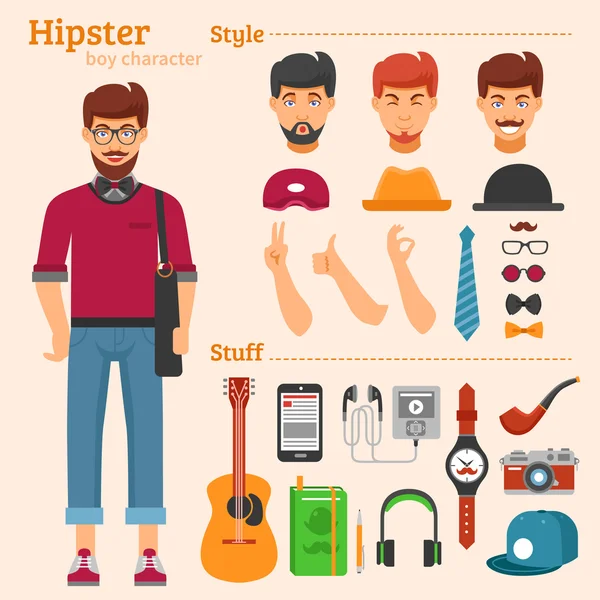 Juego de iconos decorativos de carácter Hipster Boy — Vector de stock