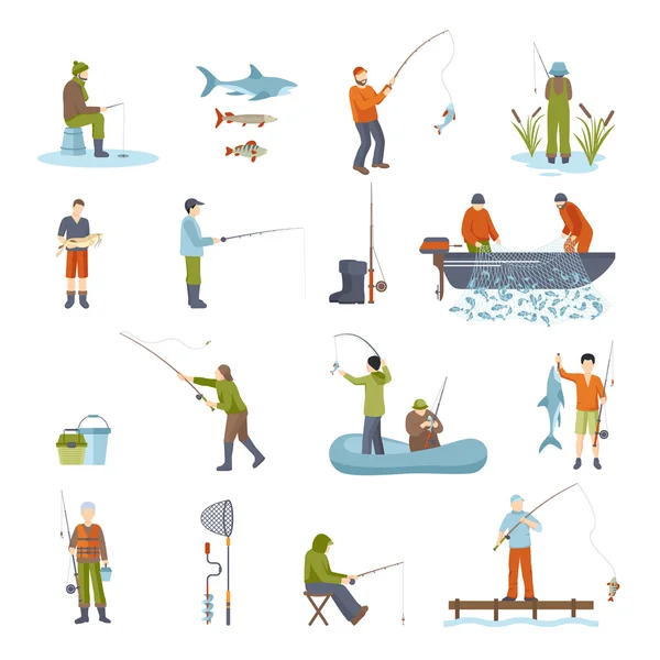 Ψάρεμα άνθρωποι ψάρια και εργαλεία σετ εικονίδια — Διανυσματικό Αρχείο