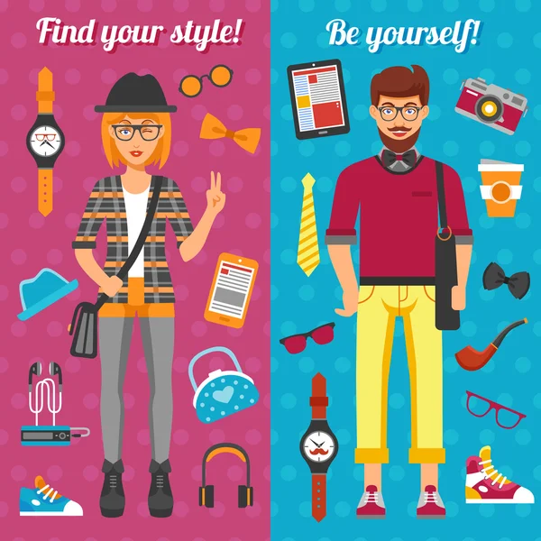 Hipster Boy y Chica Banners verticales — Vector de stock