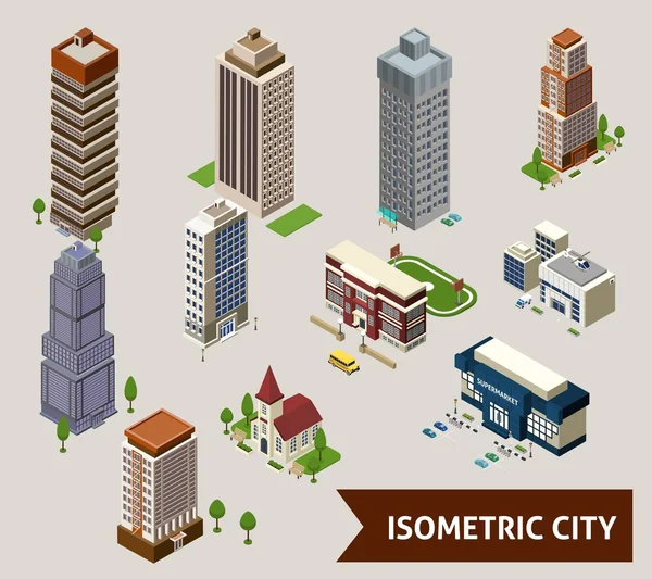 Isometrische stad geïsoleerde iconen — Stockvector