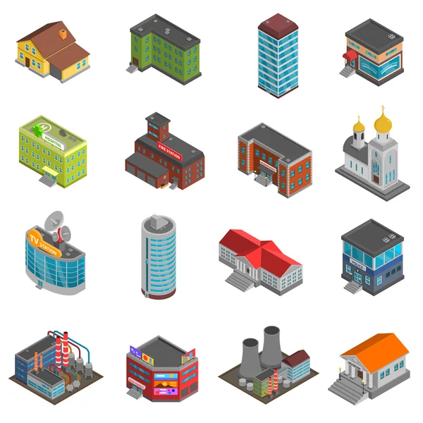 Edificios de la ciudad Iconos isométricos conjunto — Vector de stock