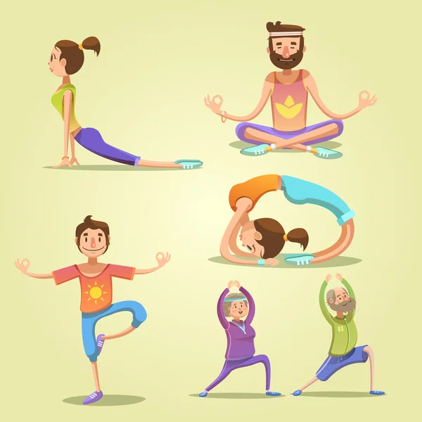 Set di cartoni animati retrò yoga — Vettoriale Stock