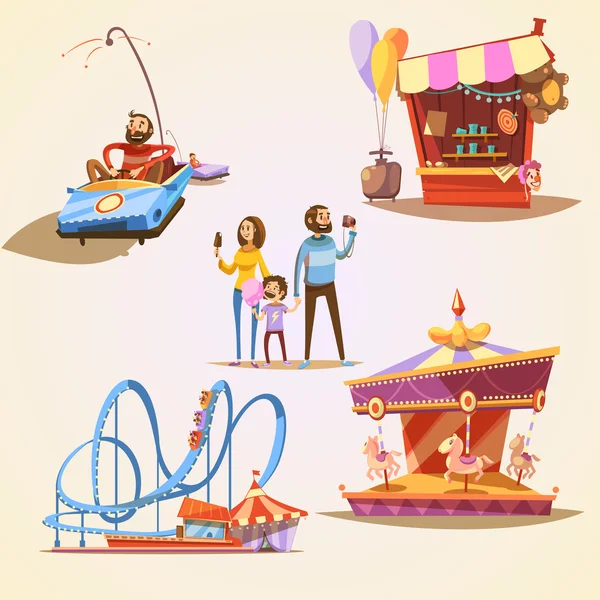 Parque de atracciones conjunto de dibujos animados — Vector de stock