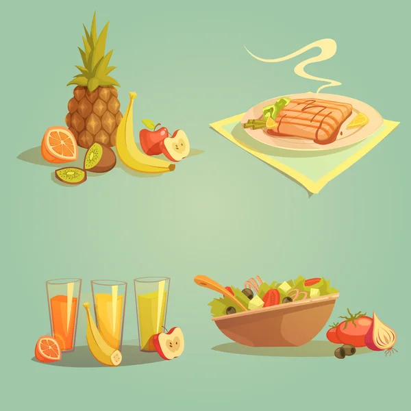 Comida saludable y bebidas Juego de dibujos animados — Vector de stock