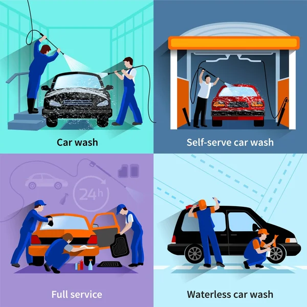 Car Wash Service 4 platte pictogrammen — Stockvector