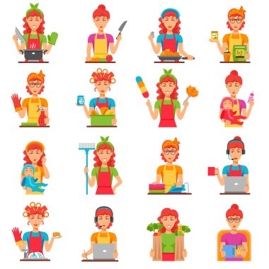 Ev kadını düz renk Icons Set 
