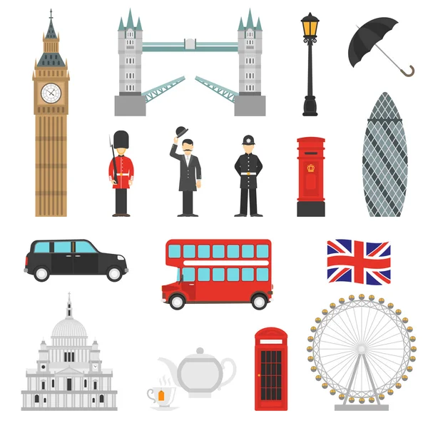 Londen bezienswaardigheden platte Icons Set — Stockvector