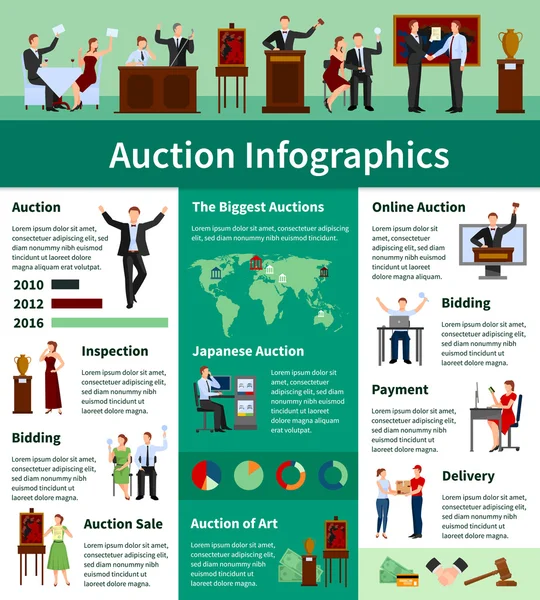 Açık artırma satış dünya çapında Infographic afiş düz — Stok Vektör