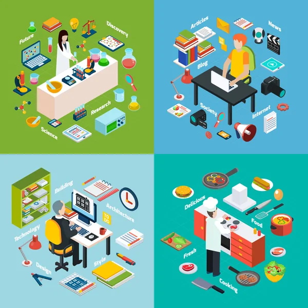 Workplaces Professions 2x2 Isometric Compositions — Stock vektor
