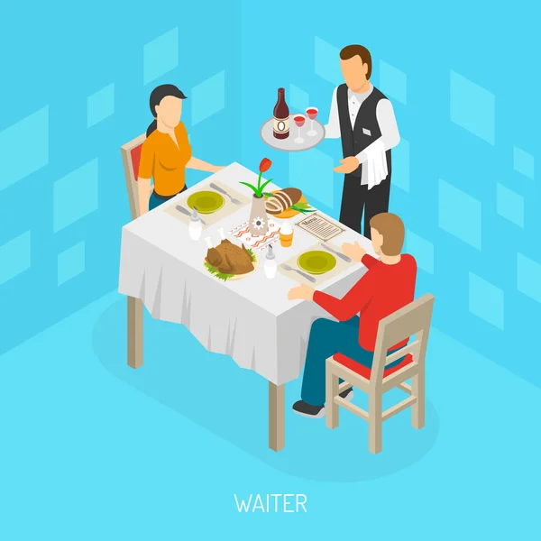 Waiter Serving Customers Isometric Poster — Stock Vector