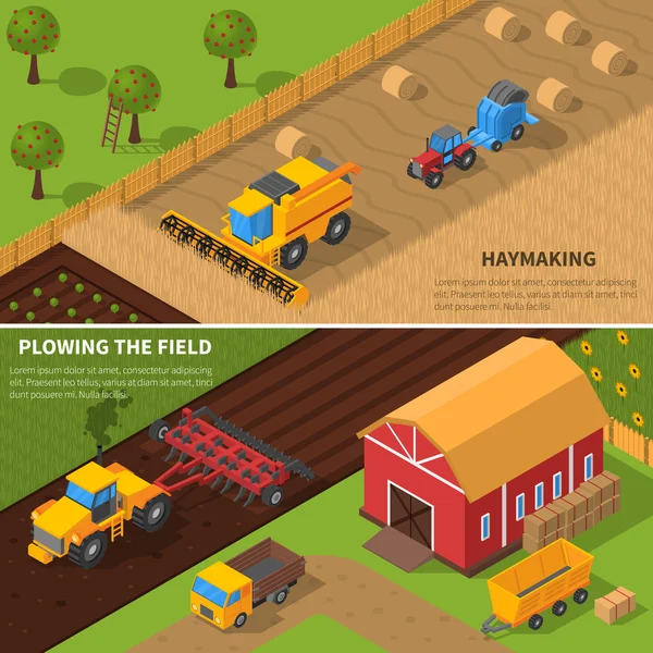 Agricultural Machines Isometric Banner Set — Stock Vector