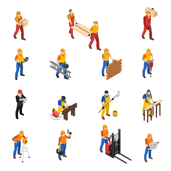 Kolekcja ikony izometryczne budowniczych robotników budowlanych — Wektor stockowy