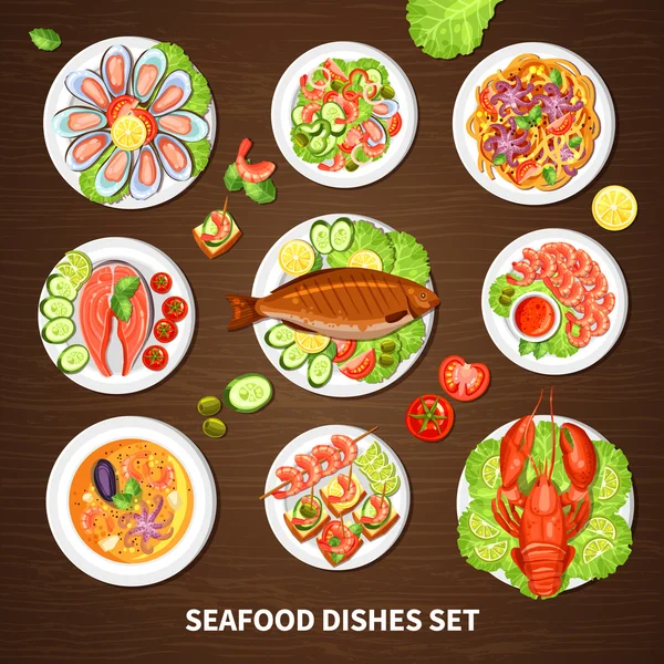 Cartel con conjunto de platos de mariscos — Vector de stock