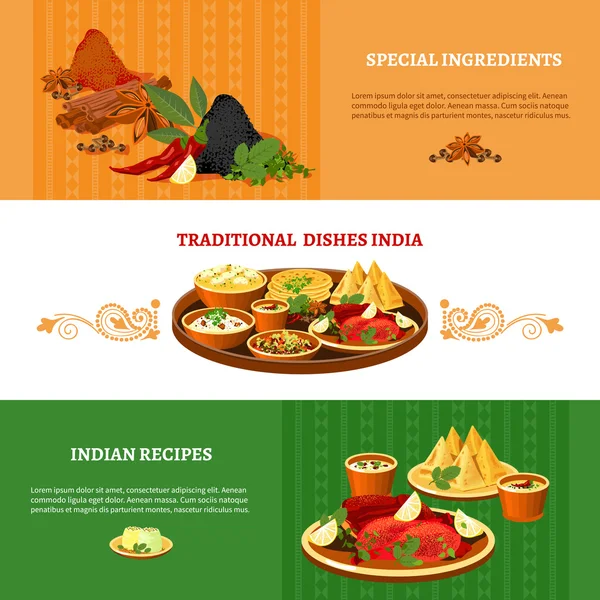 Набір 3 плоских банери Індійська кухня — стоковий вектор