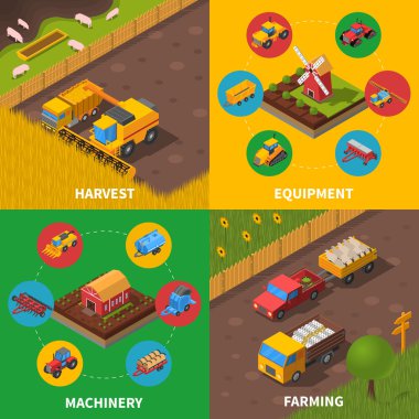 Agricultural Machinery 4 Isometric Icons Square clipart